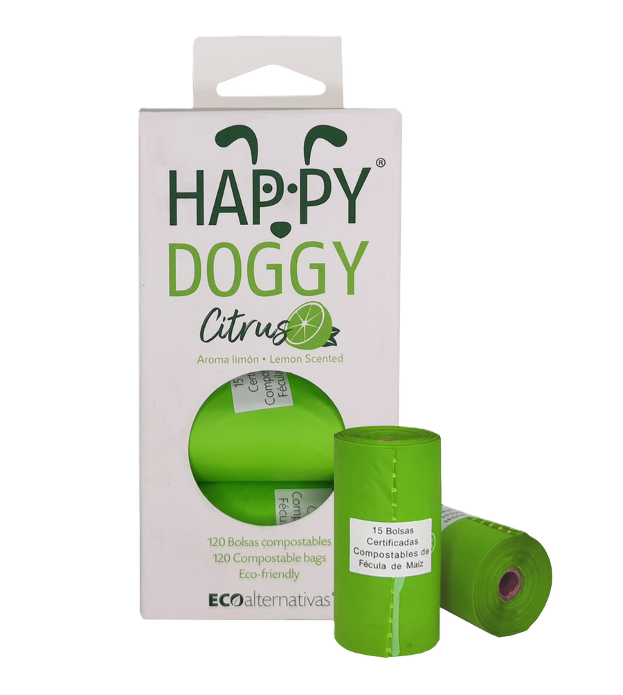 HappyDoggy Citrus Bolsa compostable de fécula de maíz para mascota | 120 Bolsas