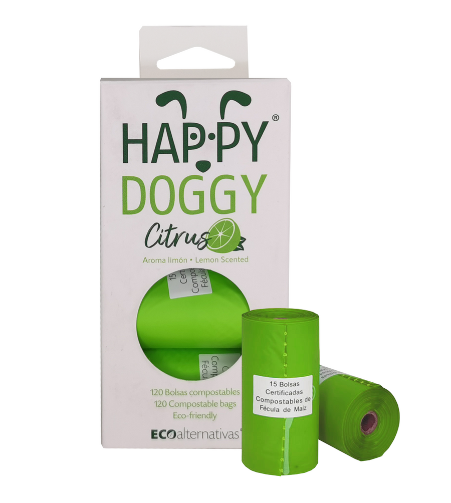 HappyDoggy Citrus Bolsa compostable de fécula de maíz para mascota | 120 Bolsas