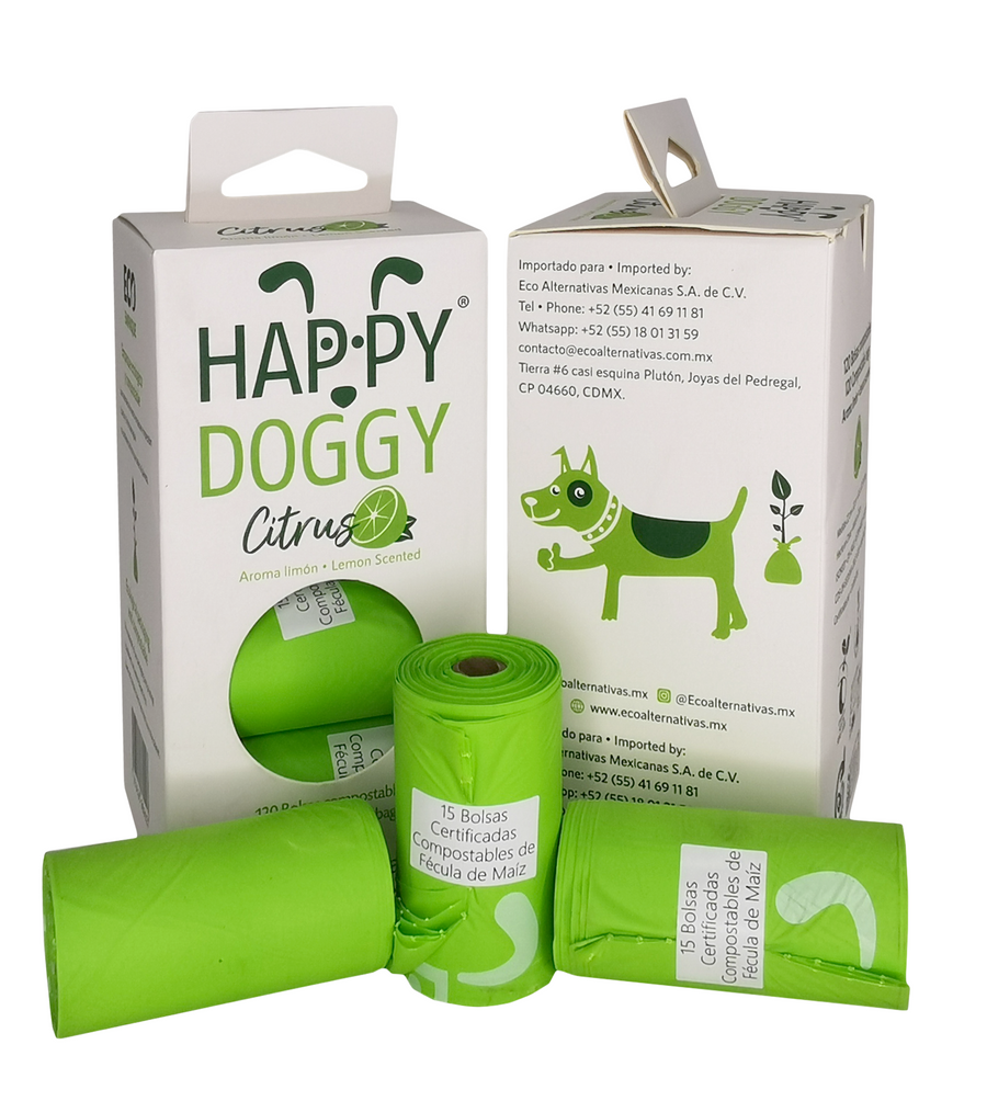 HappyDoggy Citrus Bolsa compostable de fécula de maíz para mascota | 120 Bolsas