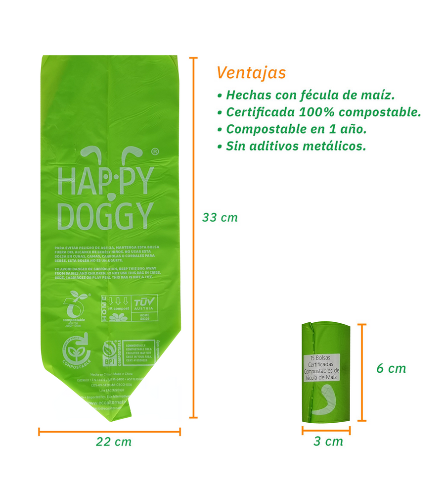 HappyDoggy Citrus Bolsa compostable de fécula de maíz para mascota | 120 Bolsas