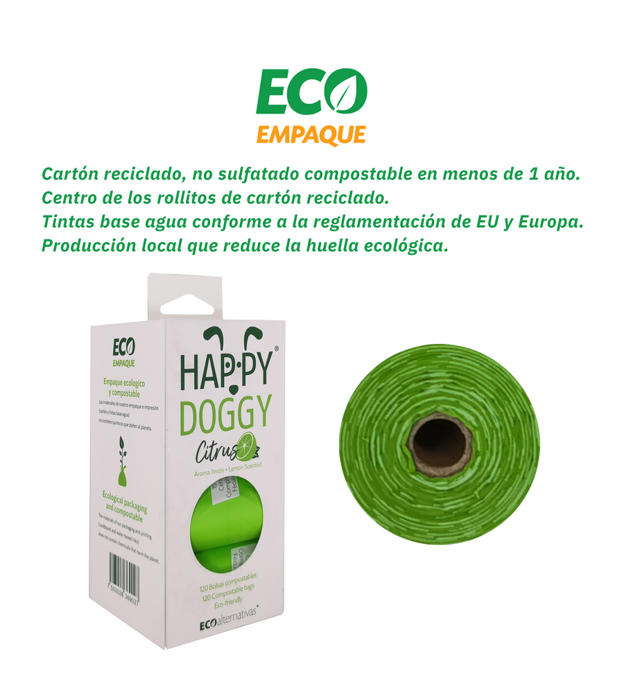 HappyDoggy Citrus Bolsa compostable de fécula de maíz para mascota | 120 Bolsas